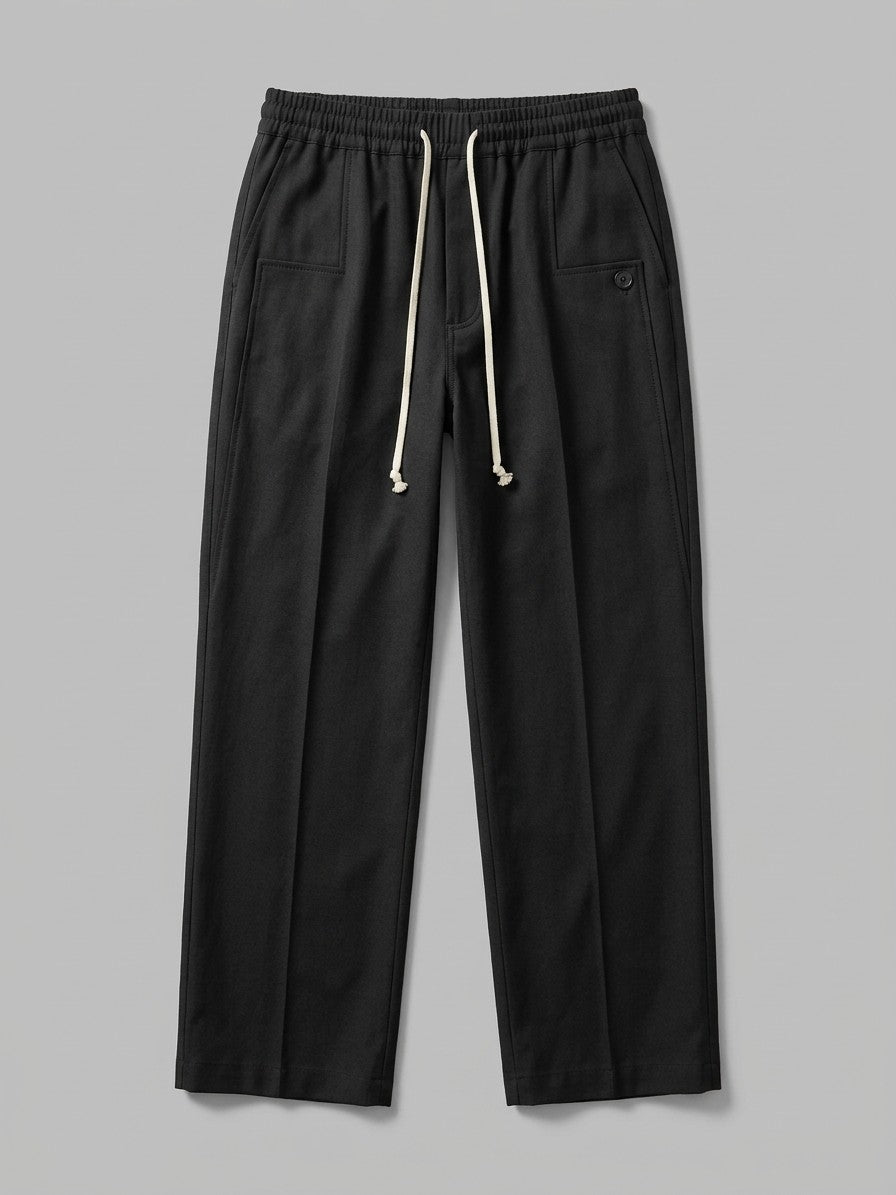 Thiene Men's Wide-Leg Pintuck Drawstring Trousers — black — packshot