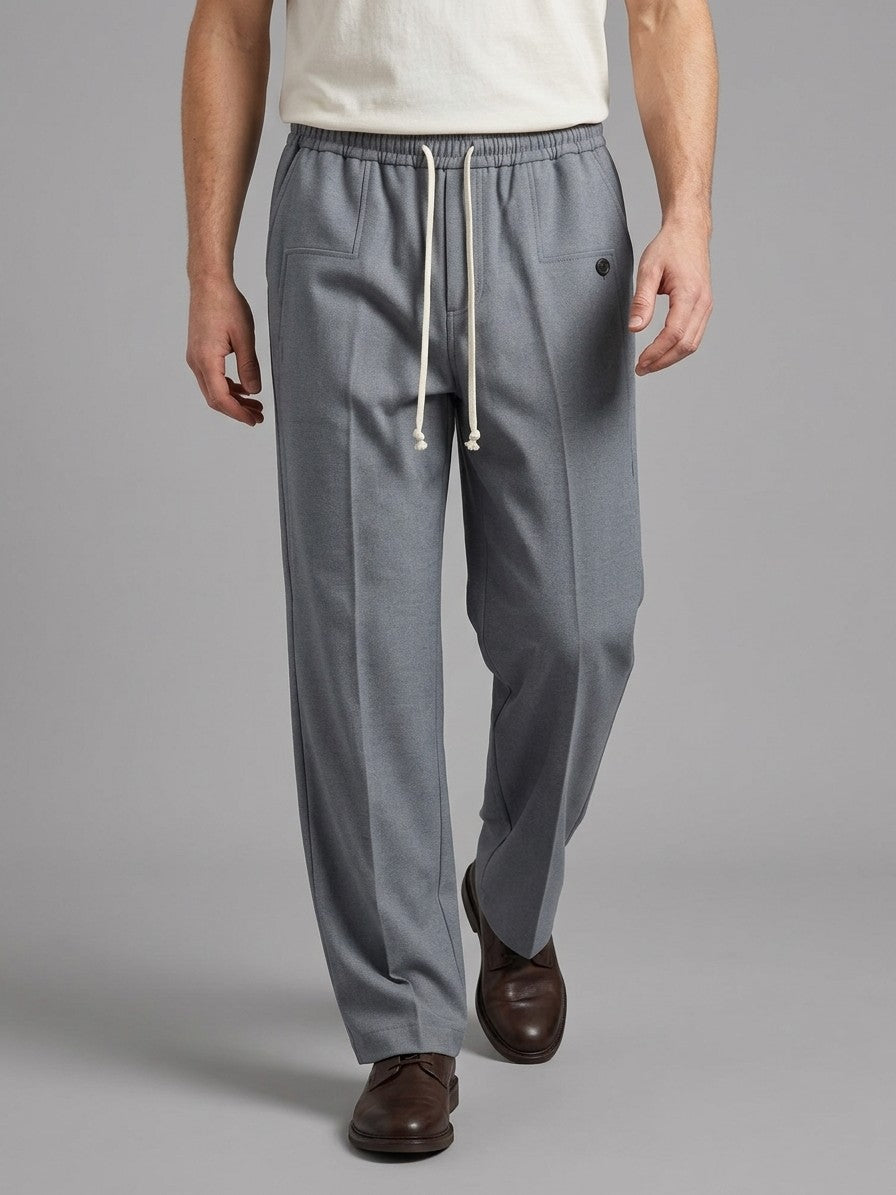 Thiene Men's Wide-Leg Pintuck Drawstring Trousers — slategrey — front