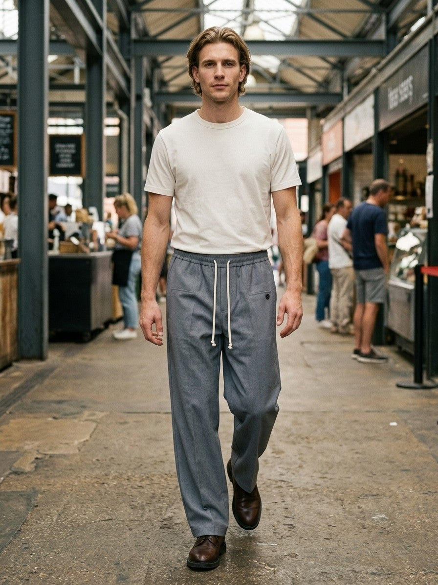 Thiene Men's Wide-Leg Pintuck Drawstring Trousers — slategrey — lifestyle