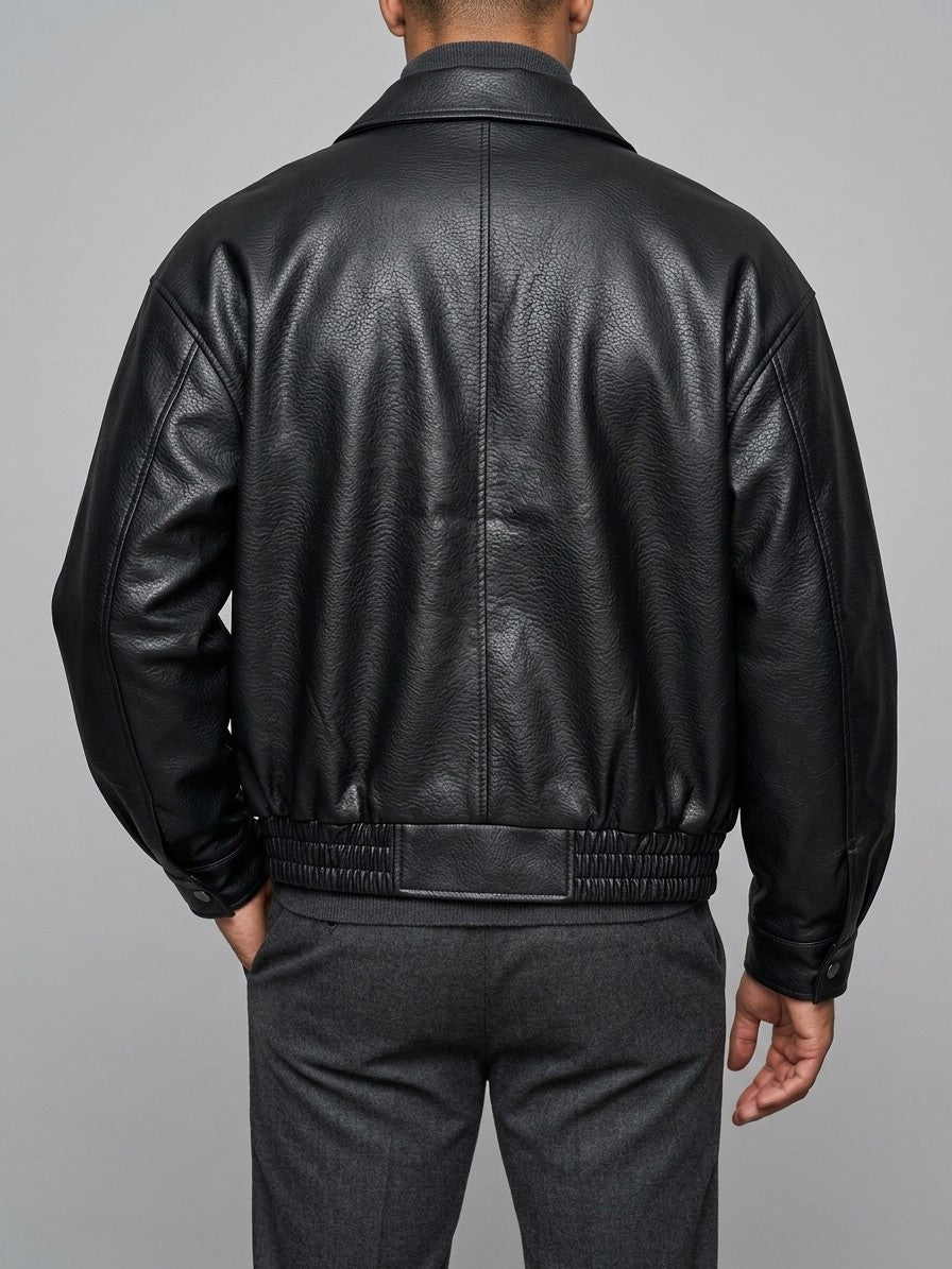Tirano Men's Pebbled Faux Leather Bomber Jacket — black — back