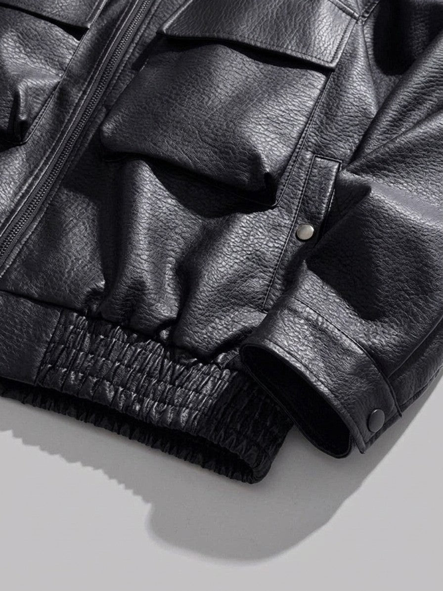 Tirano Men's Pebbled Faux Leather Bomber Jacket — black — detail-collar