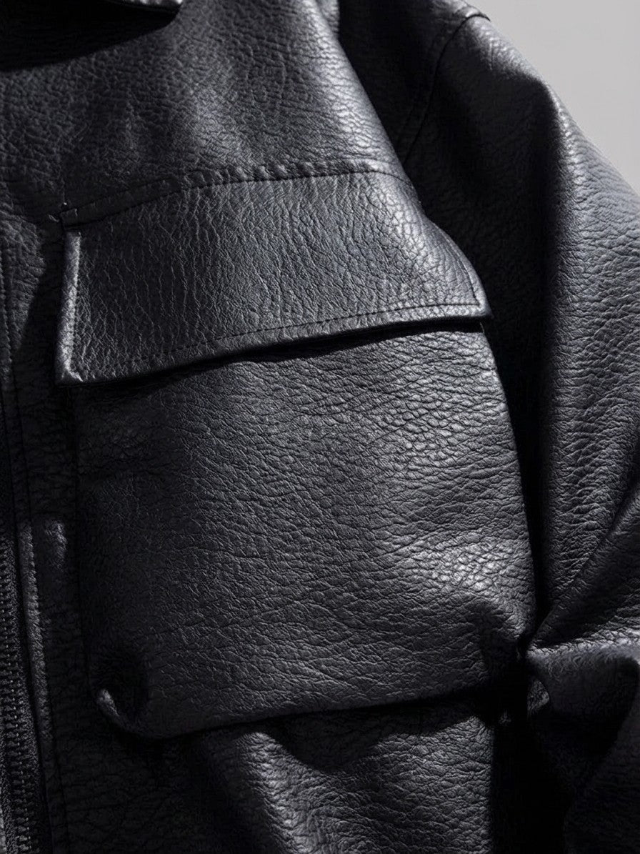 Tirano Men's Pebbled Faux Leather Bomber Jacket — black — detail