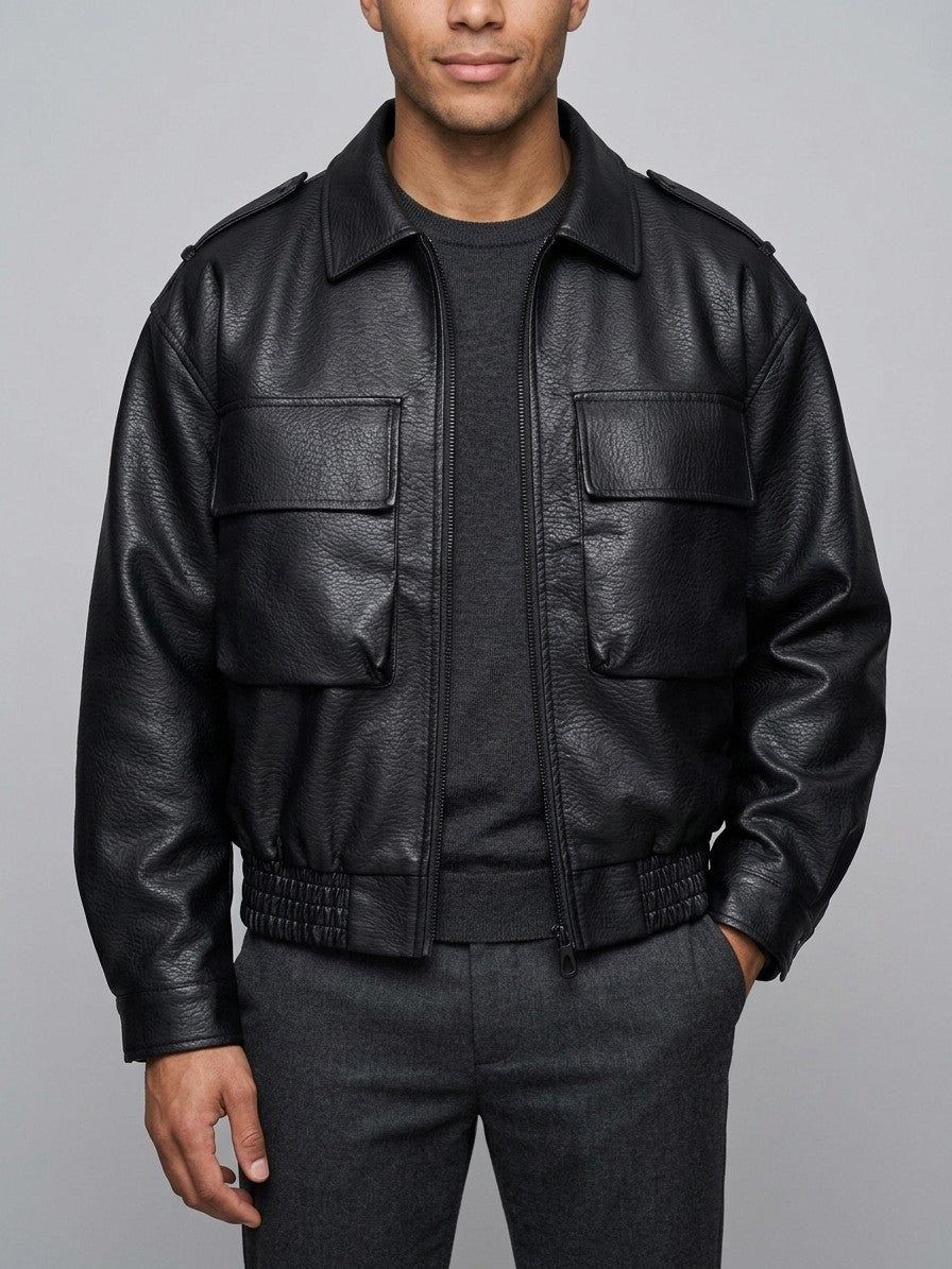 Tirano Men's Pebbled Faux Leather Bomber Jacket — black — front