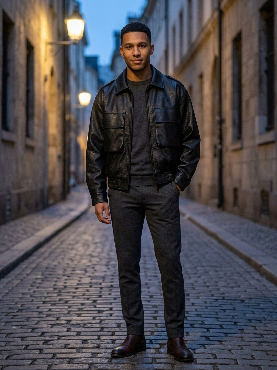 Tirano Men's Pebbled Faux Leather Bomber Jacket — black — lifestyle