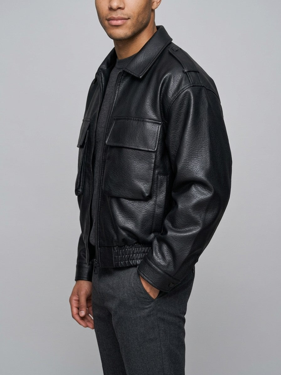 Tirano Men's Pebbled Faux Leather Bomber Jacket — black — side
