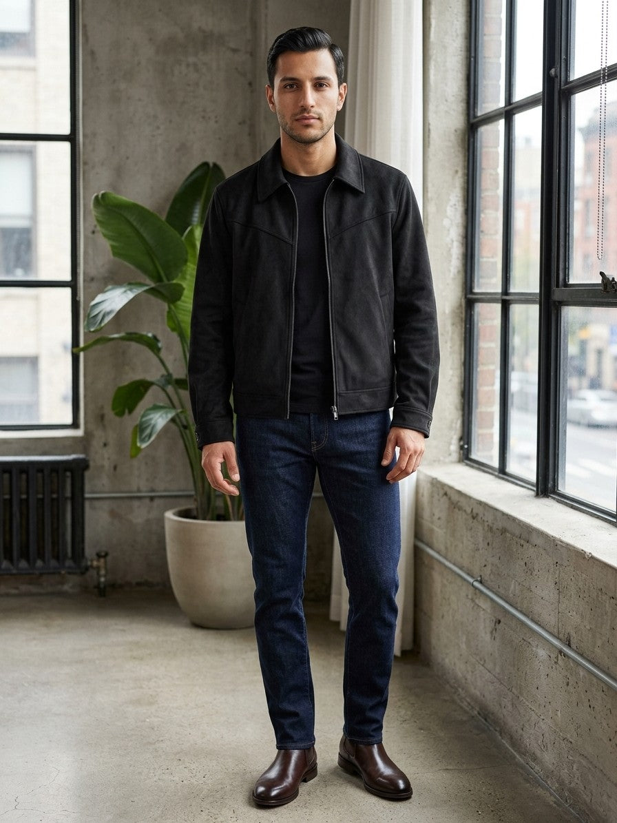 Tivoli Men's Suede-Look Trucker Jacket — black — lifestyle
