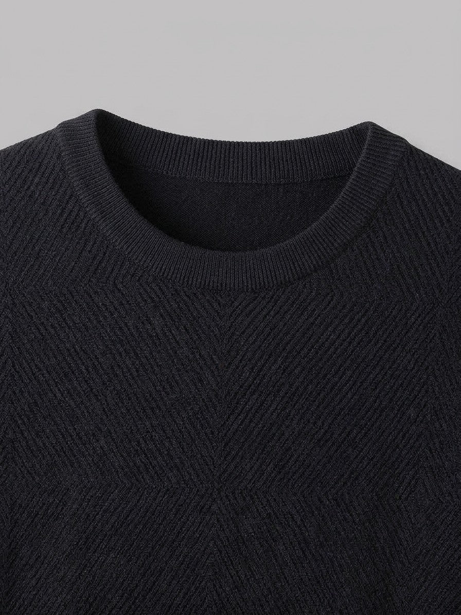 Todi Men's Textured Crew Neck Sweater — black — detail-collar