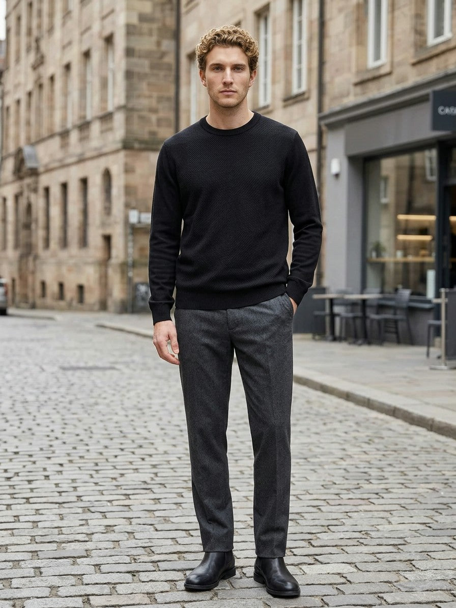 Todi Men's Textured Crew Neck Sweater — black — lifestyle