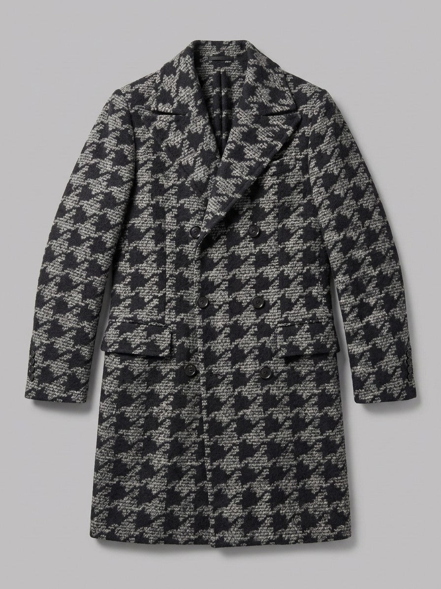 Toirano Men's Double-Breasted Houndstooth Overcoat — black — packshot