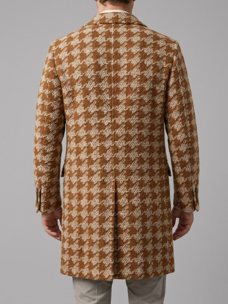 Toirano Men's Double-Breasted Houndstooth Overcoat — caramel — back