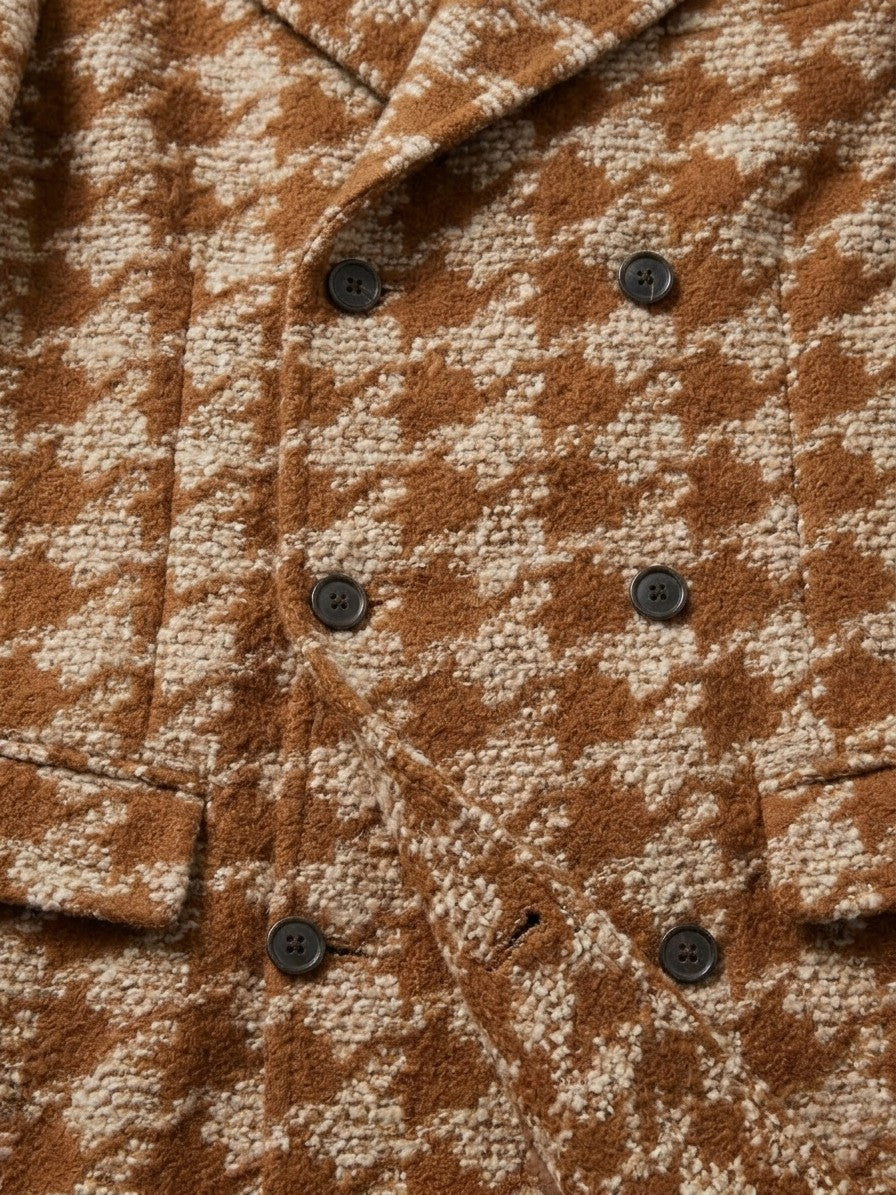 Toirano Men's Double-Breasted Houndstooth Overcoat — caramel — detail-2