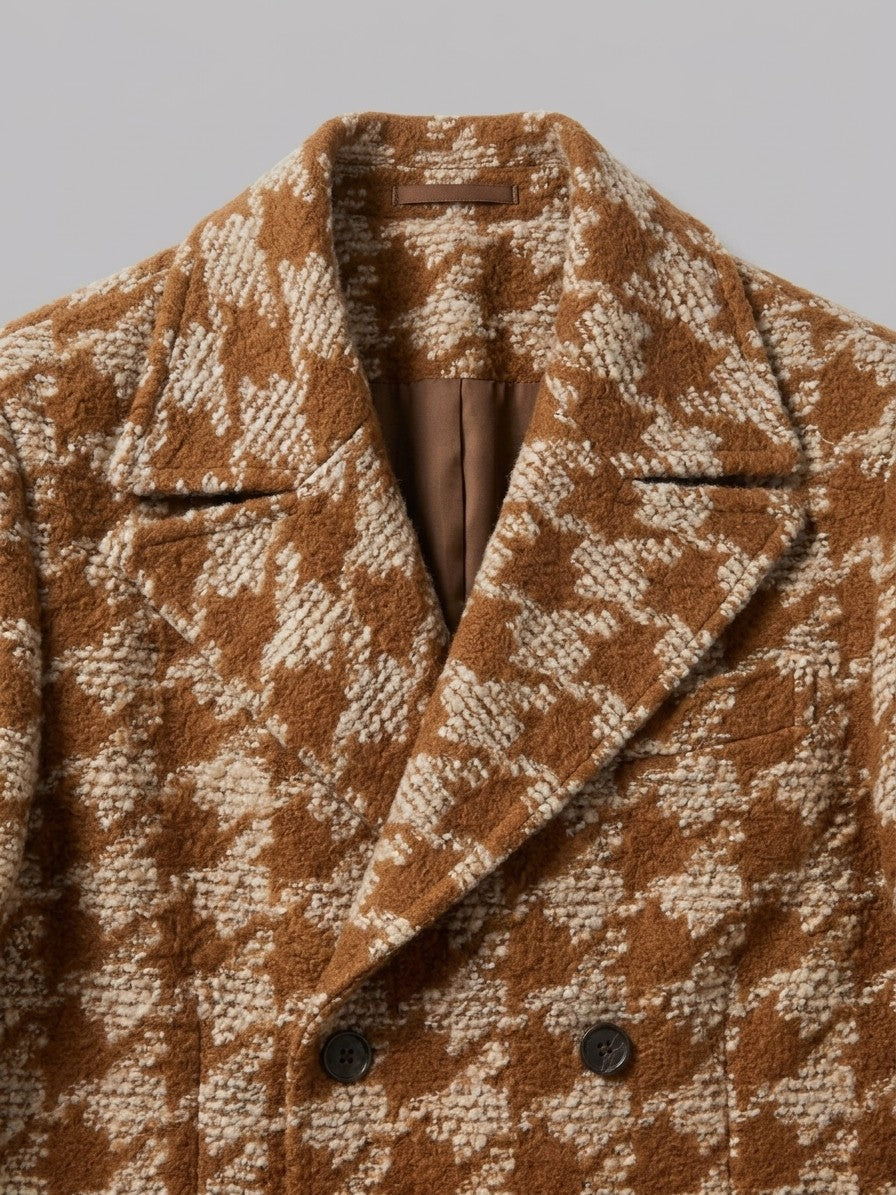 Toirano Men's Double-Breasted Houndstooth Overcoat — caramel — detail