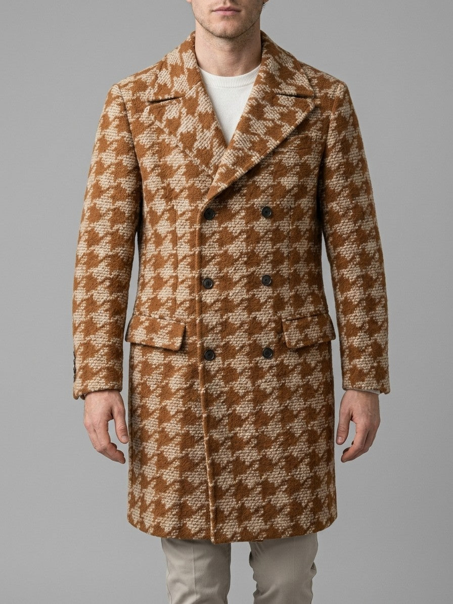 Toirano Men's Double-Breasted Houndstooth Overcoat — caramel — front