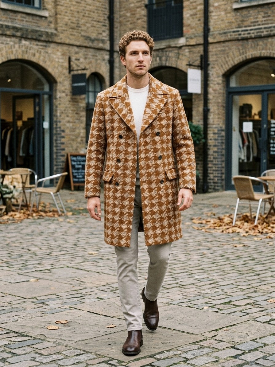 Toirano Men's Double-Breasted Houndstooth Overcoat — caramel — lifestyle
