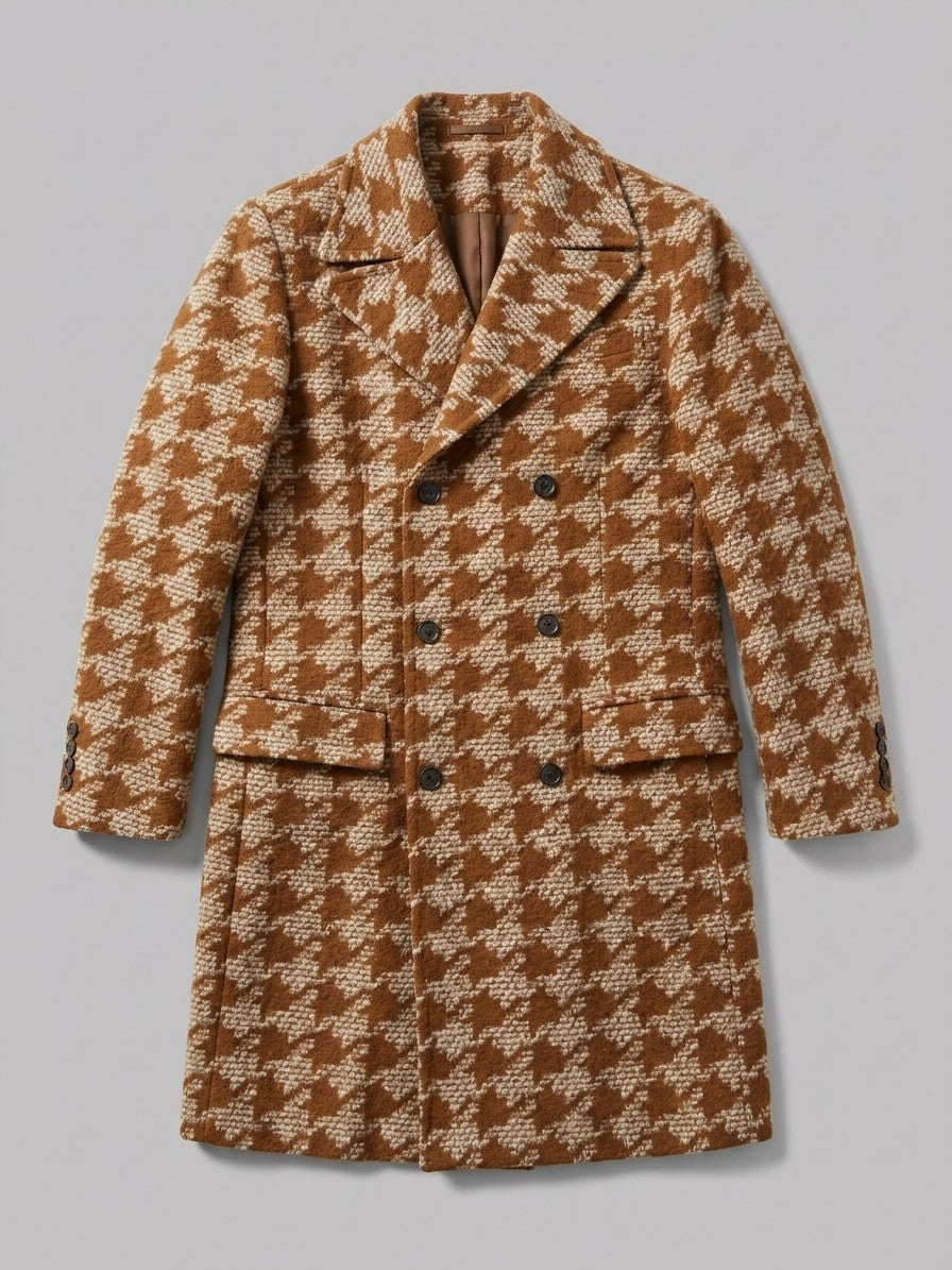 Toirano Men's Double-Breasted Houndstooth Overcoat — caramel — packshot