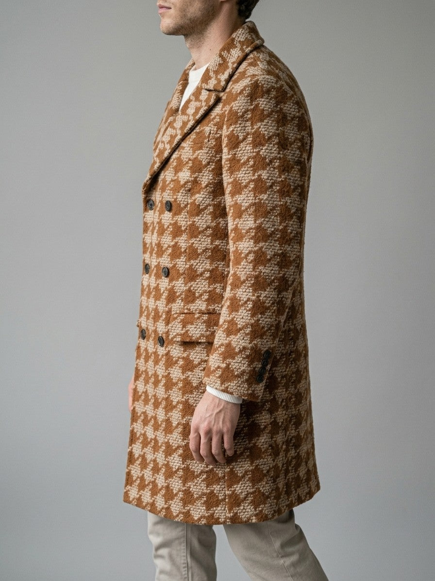 Toirano Men's Double-Breasted Houndstooth Overcoat — caramel — side
