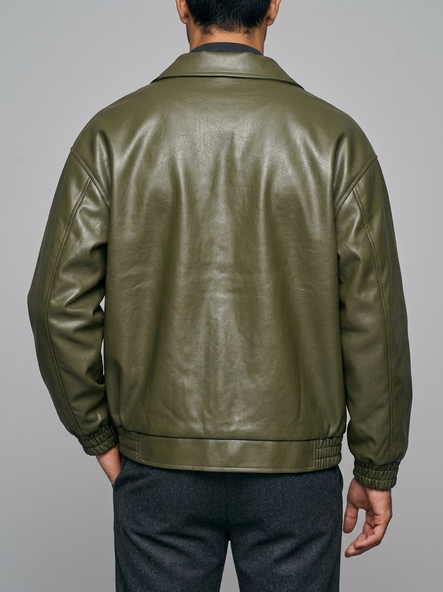 Tolentino Men's Oversized Faux Leather Jacket — armygreen — back