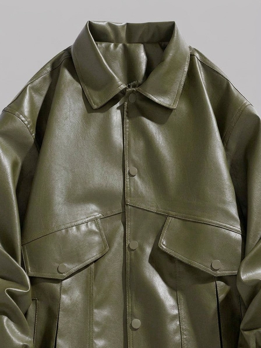 Tolentino Men's Oversized Faux Leather Jacket — armygreen — detail-2