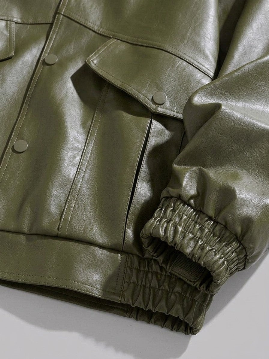 Tolentino Men's Oversized Faux Leather Jacket — armygreen — detail-collar