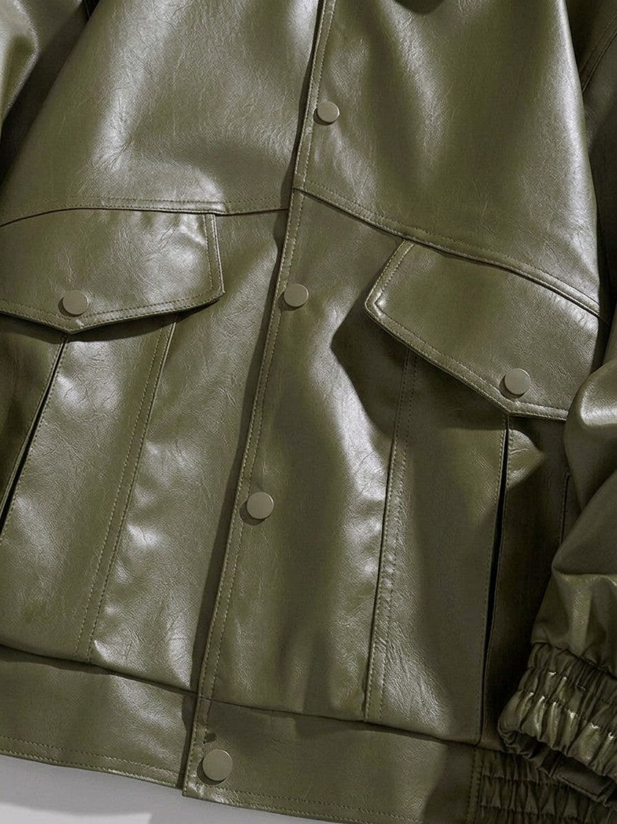 Tolentino Men's Oversized Faux Leather Jacket — armygreen — detail