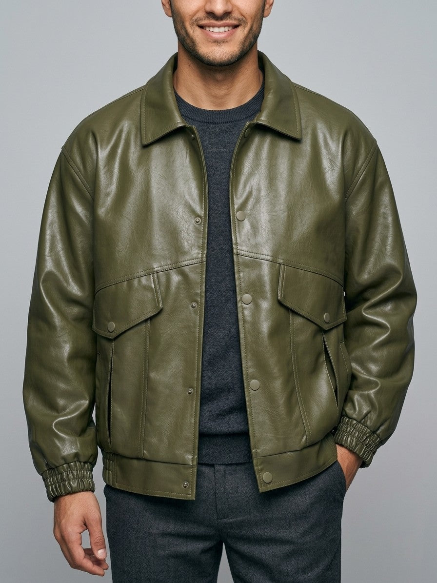 Tolentino Men's Oversized Faux Leather Jacket — armygreen — front
