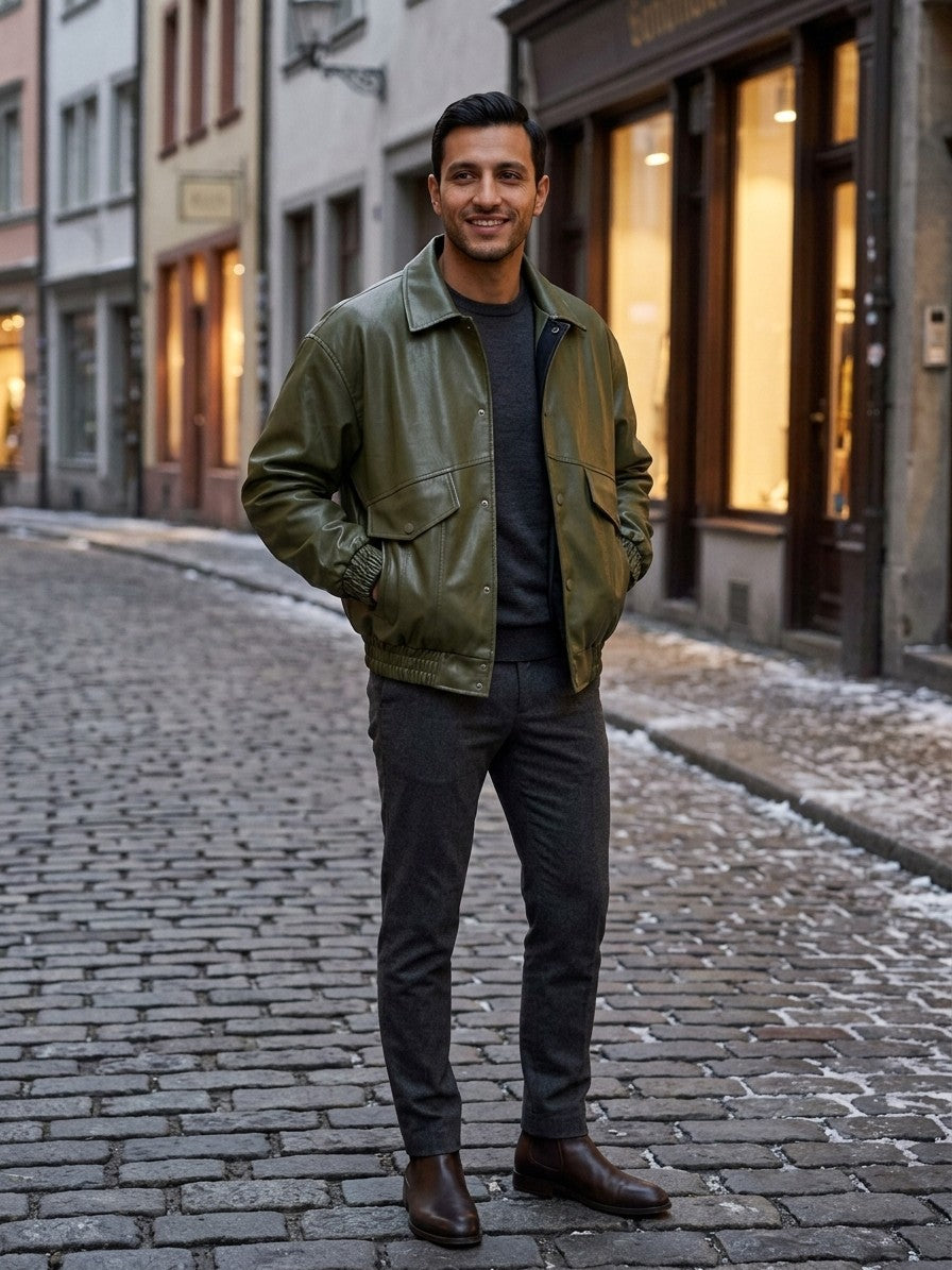 Tolentino Men's Oversized Faux Leather Jacket — armygreen — lifestyle