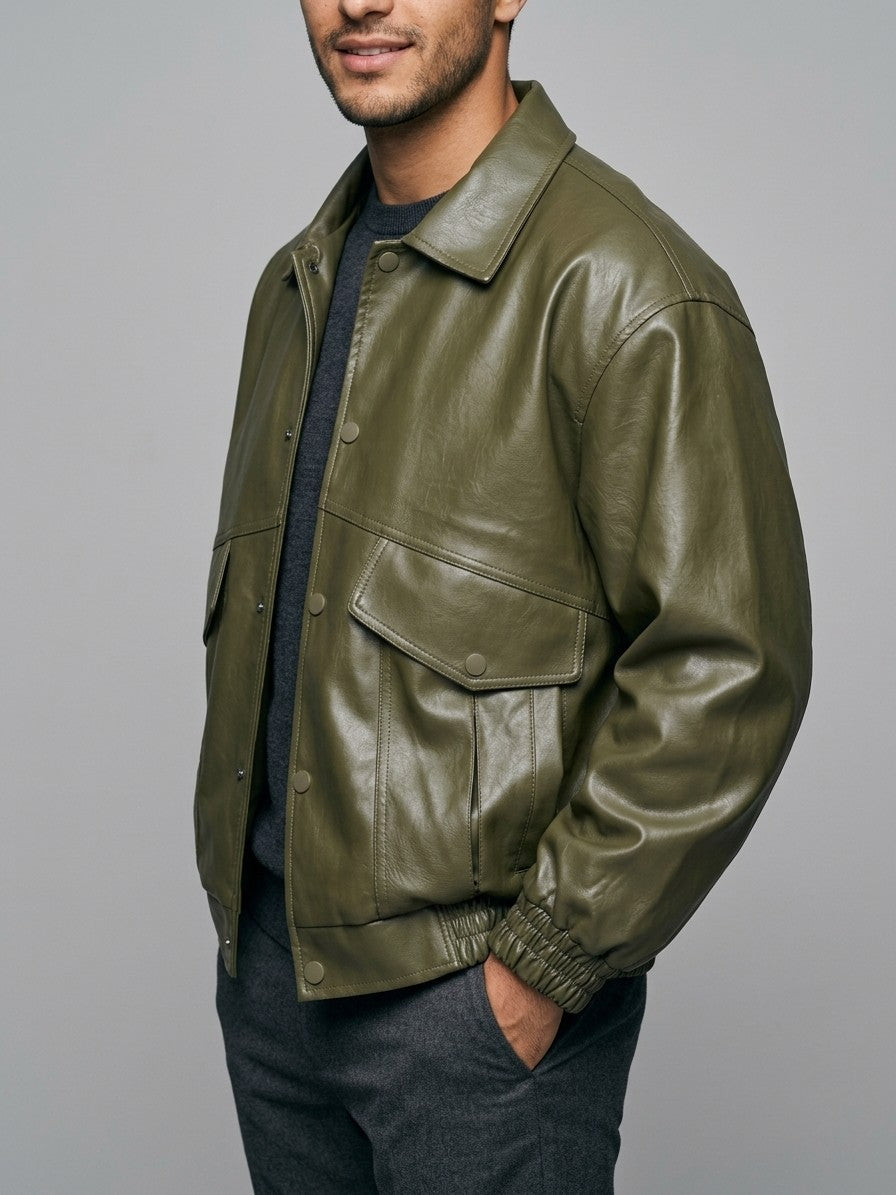 Tolentino Men's Oversized Faux Leather Jacket — armygreen — side