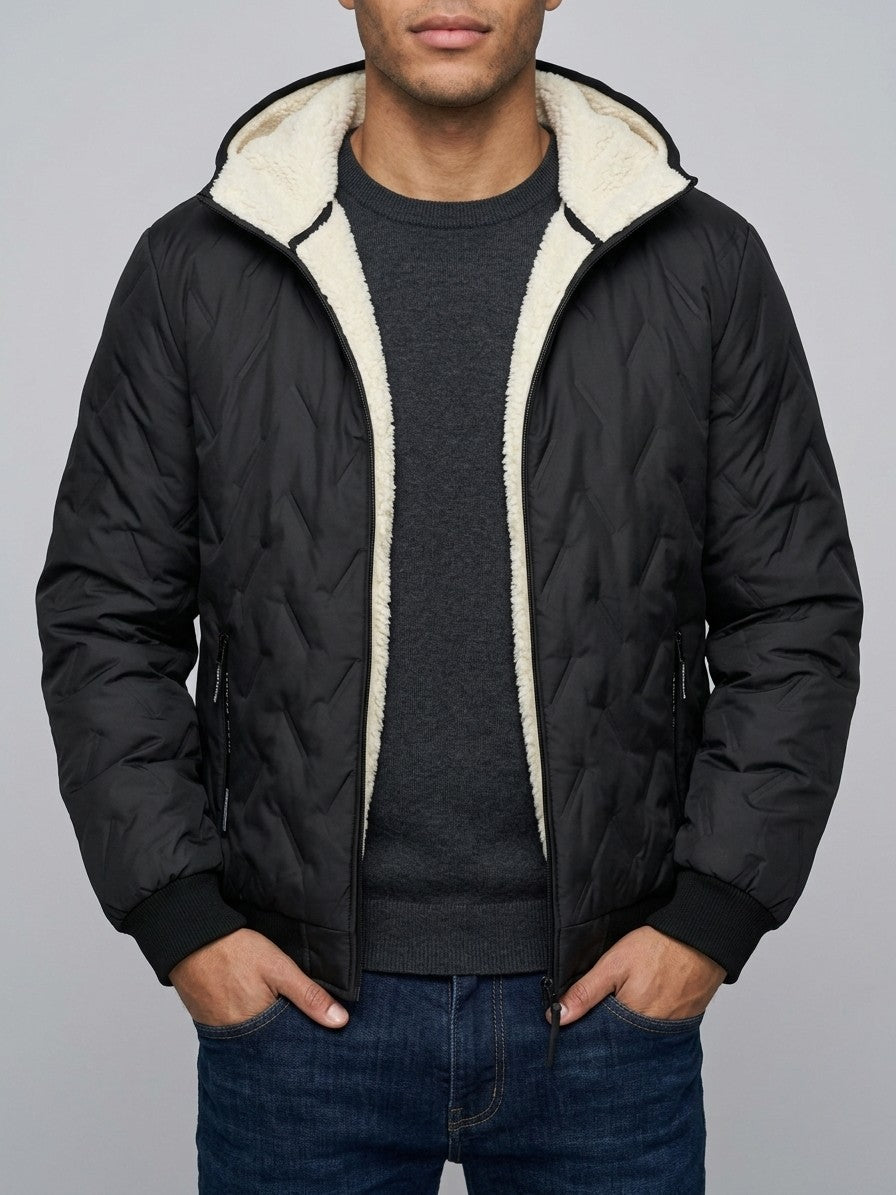Tolmezzo Men's Sherpa-Lined Quilted Hooded Jacket — black — front