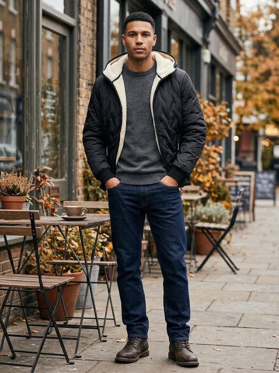 Tolmezzo Men's Sherpa-Lined Quilted Hooded Jacket — black — lifestyle