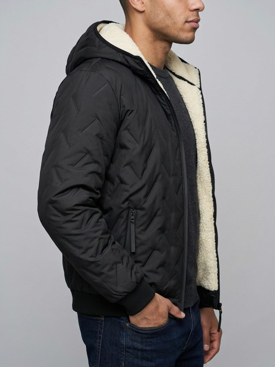 Tolmezzo Men's Sherpa-Lined Quilted Hooded Jacket — black — side
