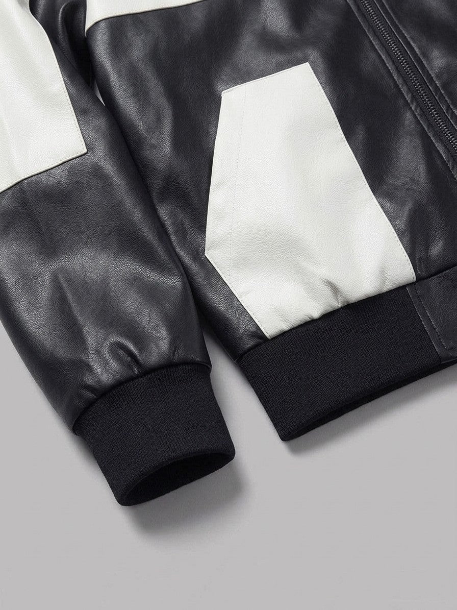 Torbole Men's Patchwork Faux Leather Bomber Jacket — black — detail-collar