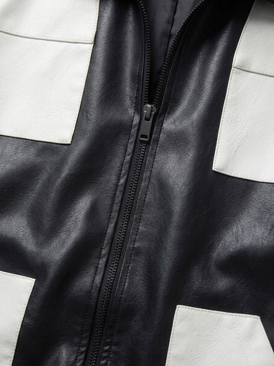 Torbole Men's Patchwork Faux Leather Bomber Jacket — black — detail