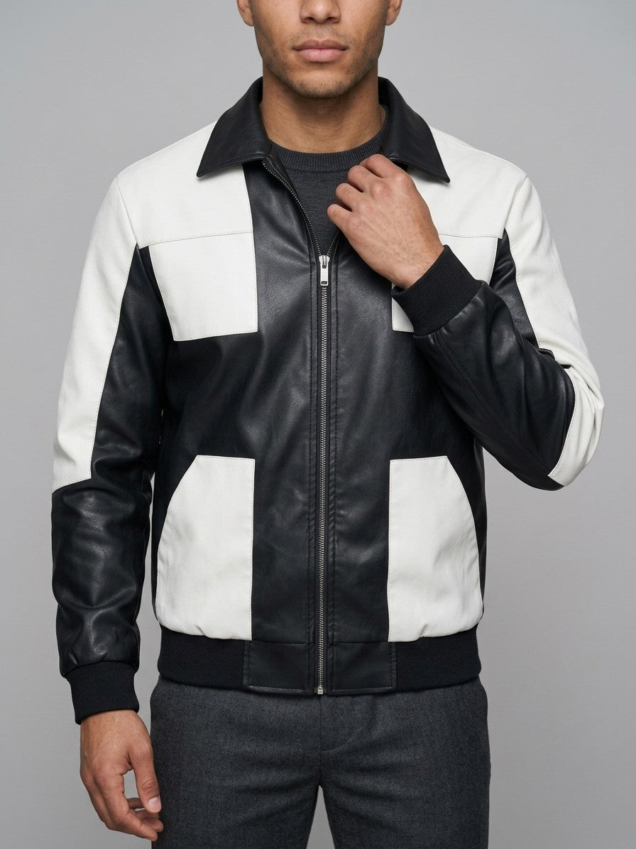 Torbole Men's Patchwork Faux Leather Bomber Jacket — black — front