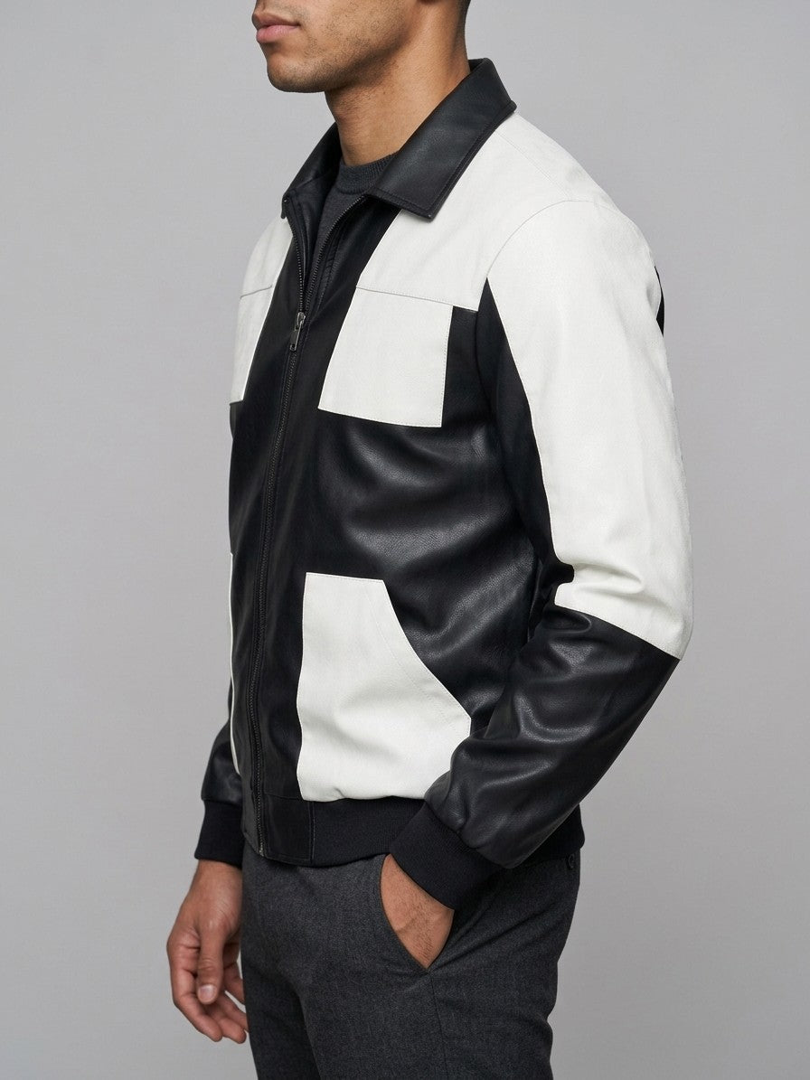 Torbole Men's Patchwork Faux Leather Bomber Jacket — black — side