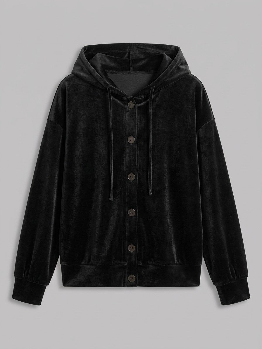 Torcello Women's Velvet Button-Up Hoodie — black — packshot
