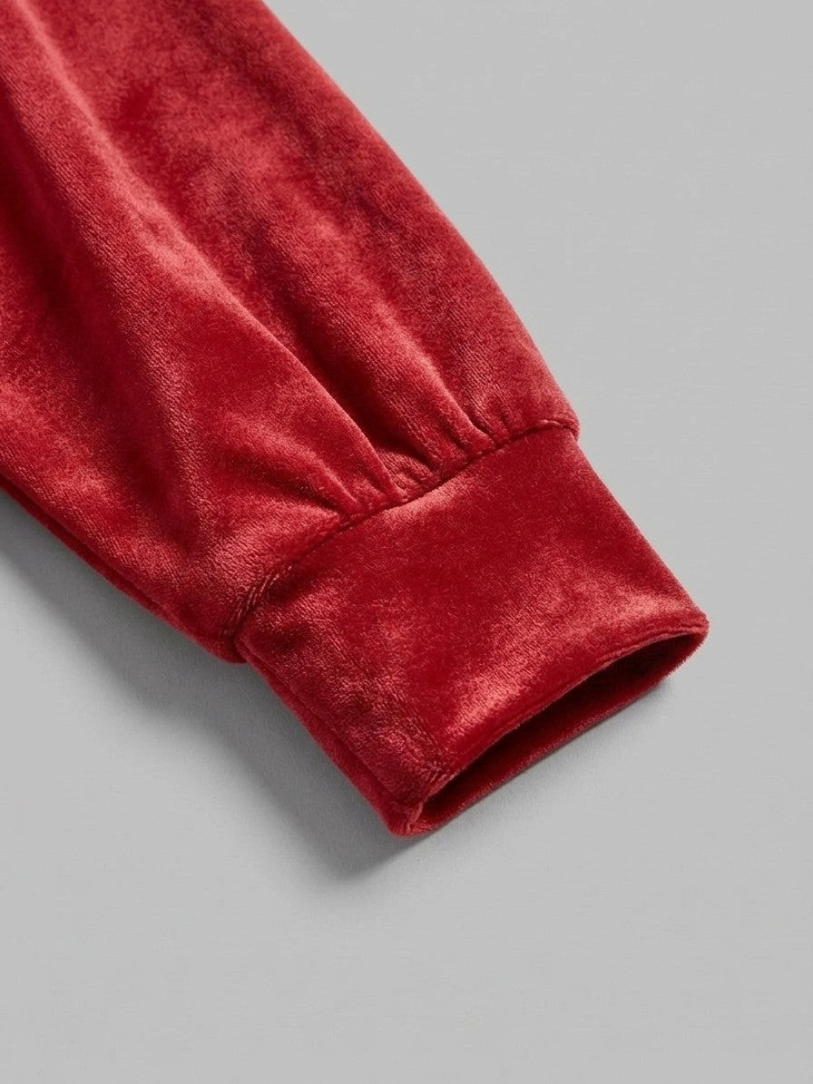 Torcello Women's Velvet Button-Up Hoodie — red — detail-collar