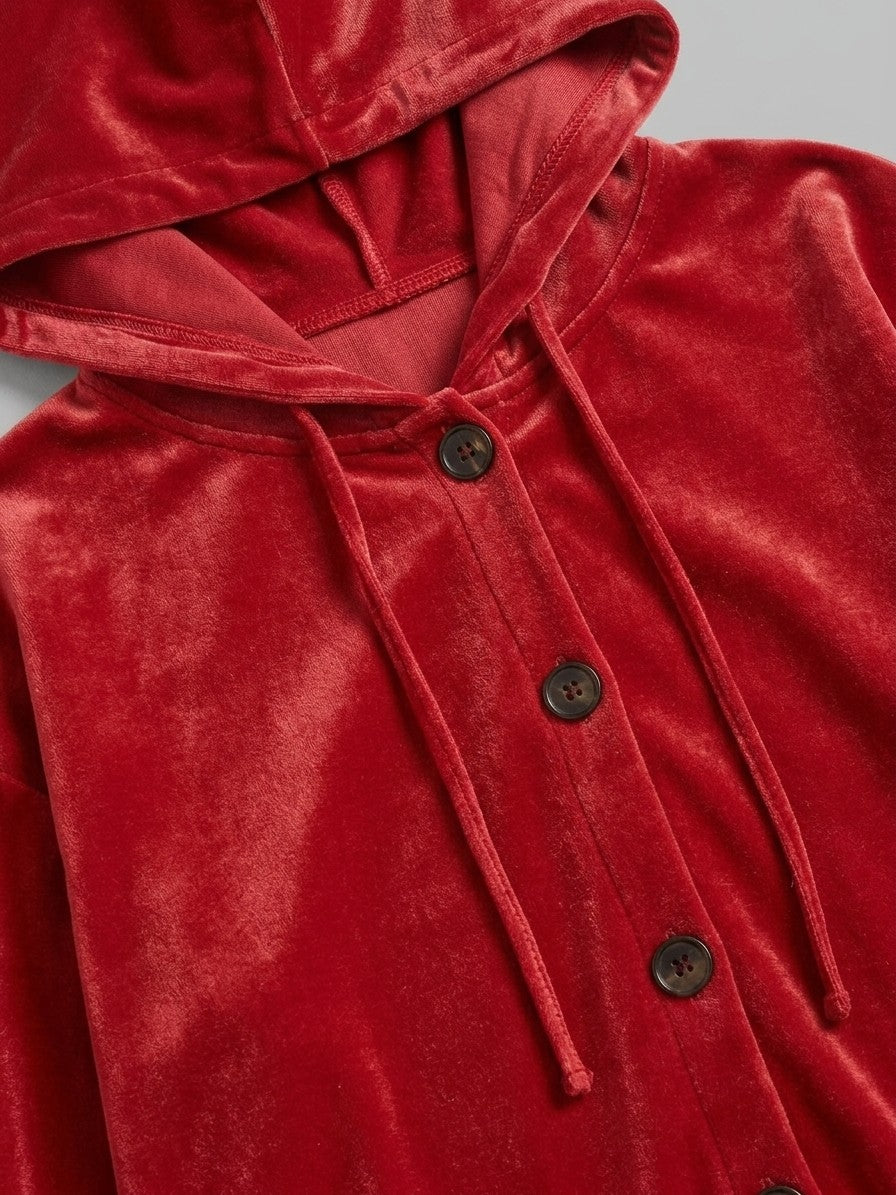 Torcello Women's Velvet Button-Up Hoodie — red — detail