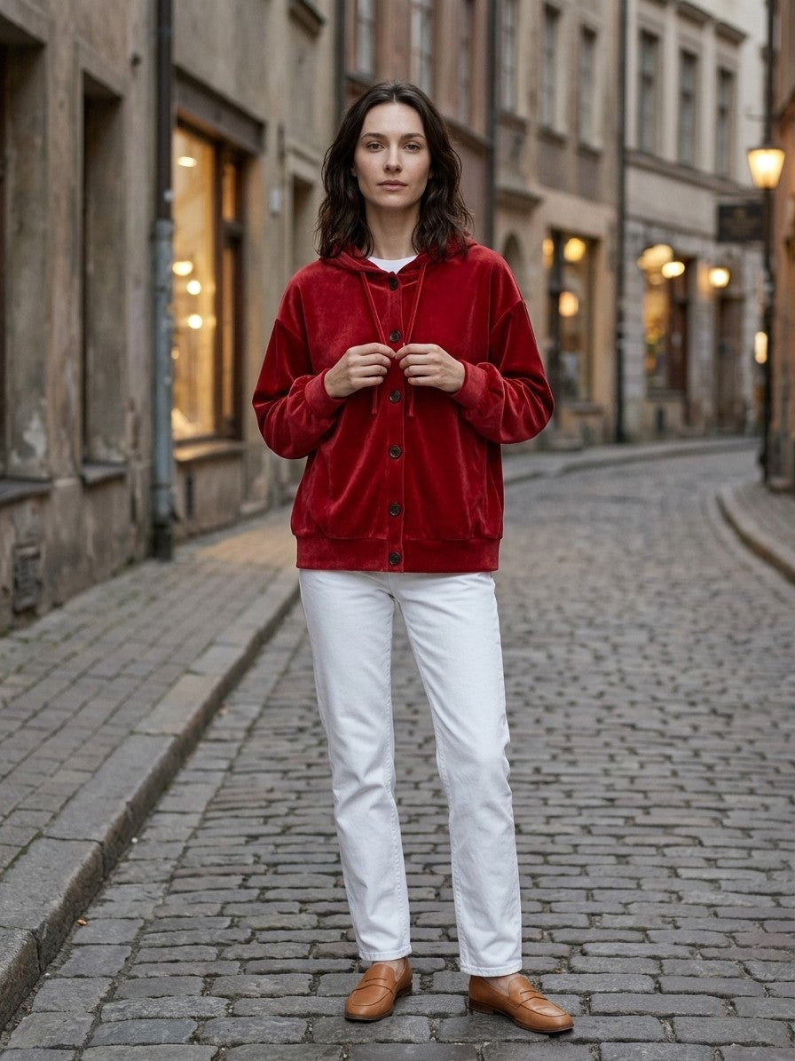 Torcello Women's Velvet Button-Up Hoodie — red — lifestyle