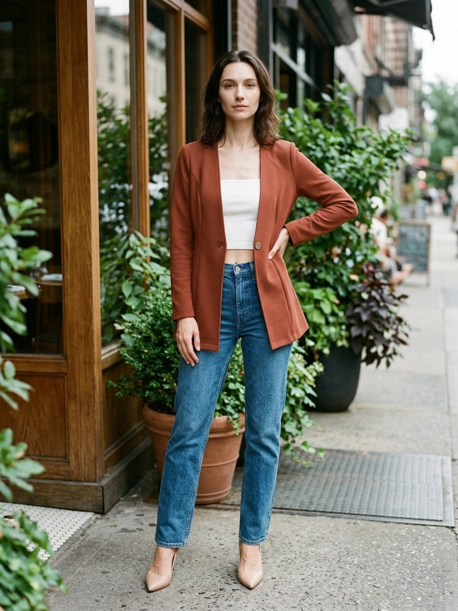 Torgiano Women's Collarless One-Button Blazer — brown — lifestyle