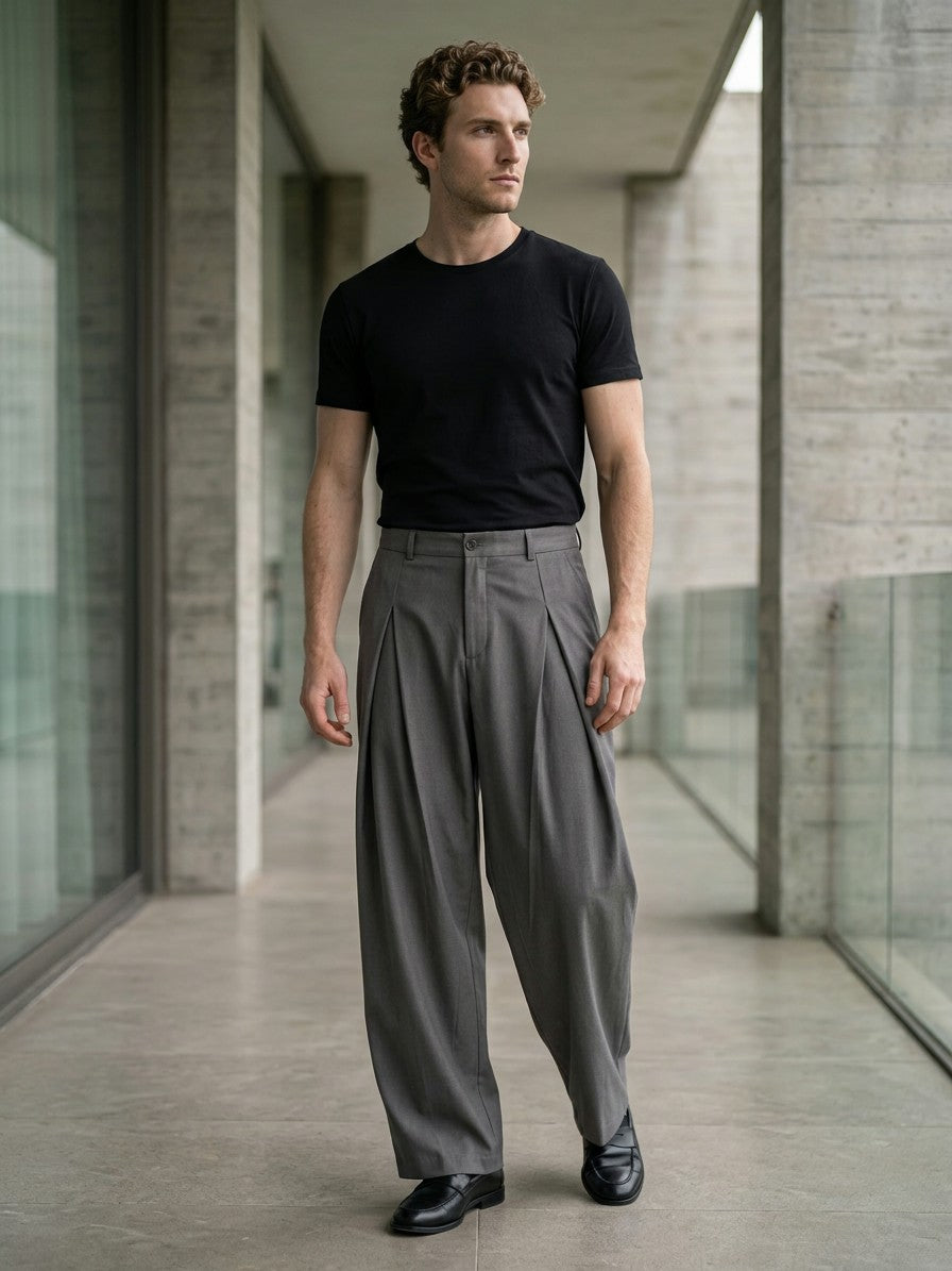 Torino Men's High-Waisted Wide-Leg Pleated Trousers — gray — lifestyle