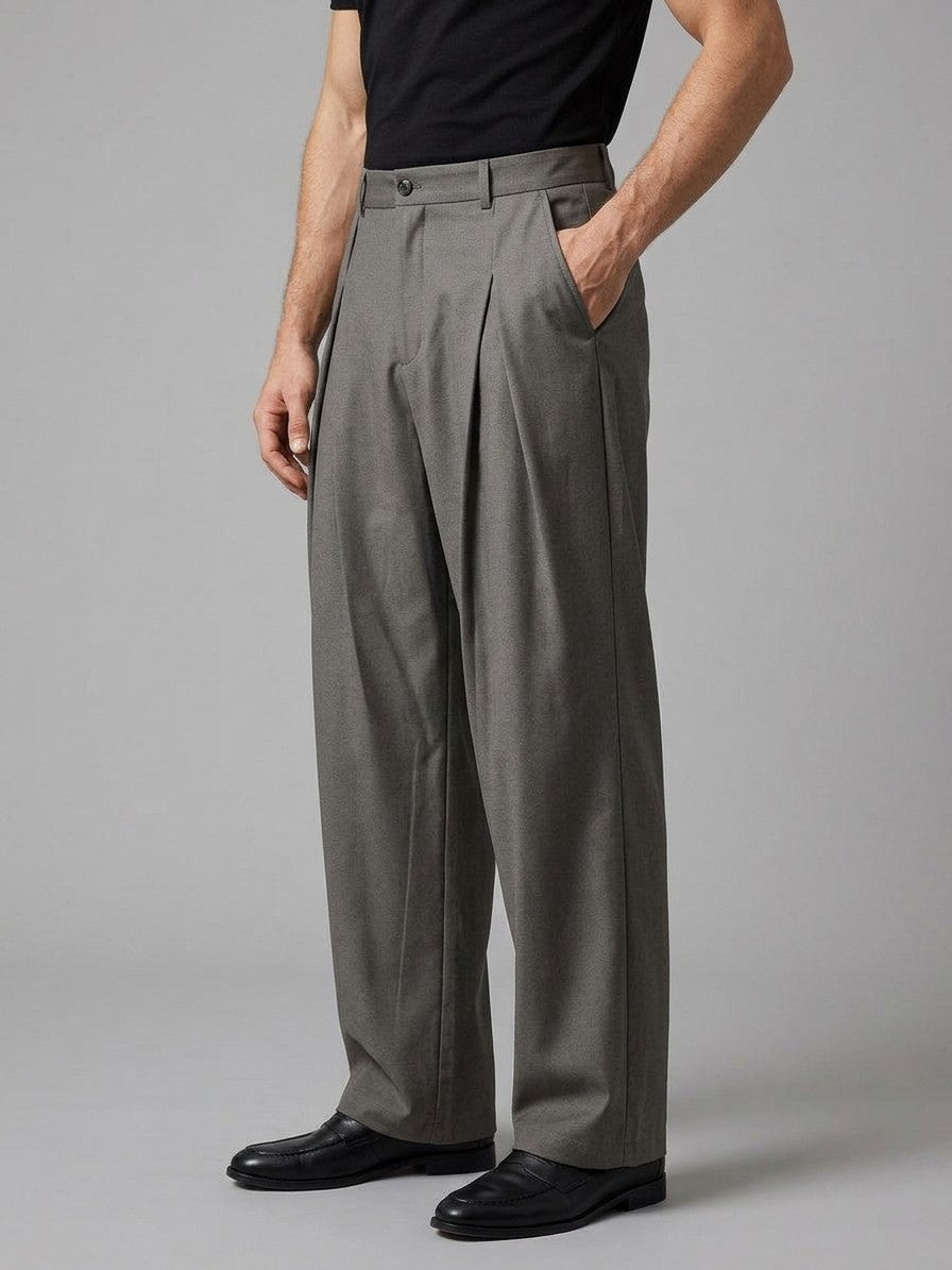 Torino Men's High-Waisted Wide-Leg Pleated Trousers — gray — side