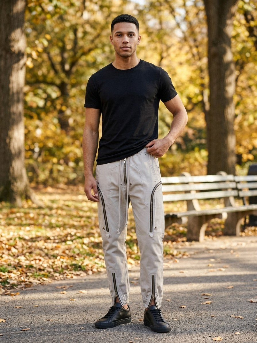 Tortona Men's Exposed-Zip Tapered Cargo Pants — stone — lifestyle