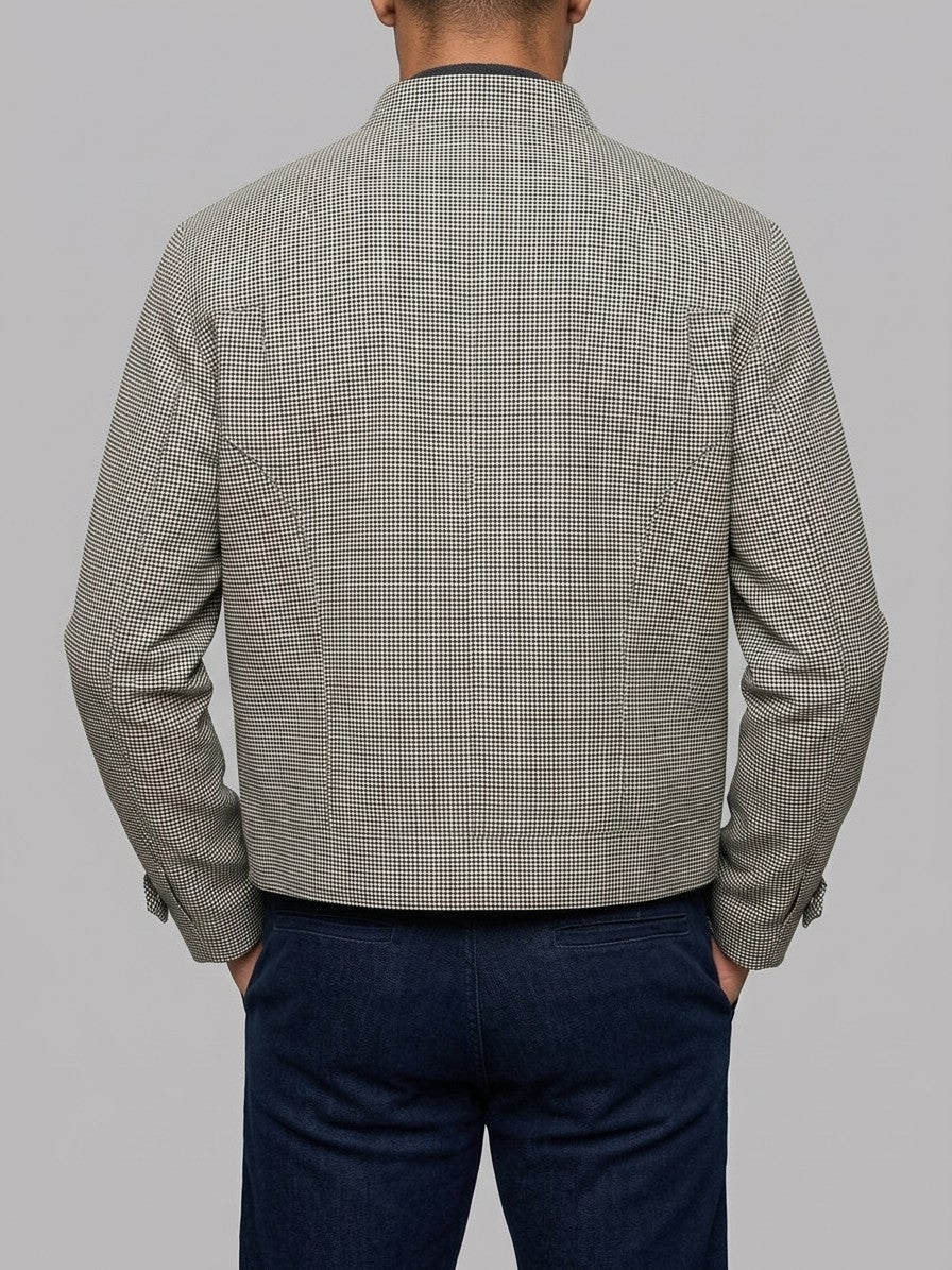 Tortorici Men's Asymmetric Houndstooth Cropped Jacket — blackivory — back