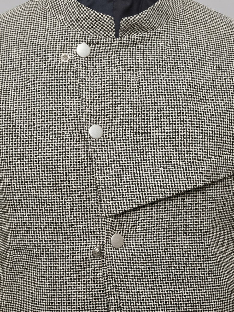 Tortorici Men's Asymmetric Houndstooth Cropped Jacket — blackivory — detail-2