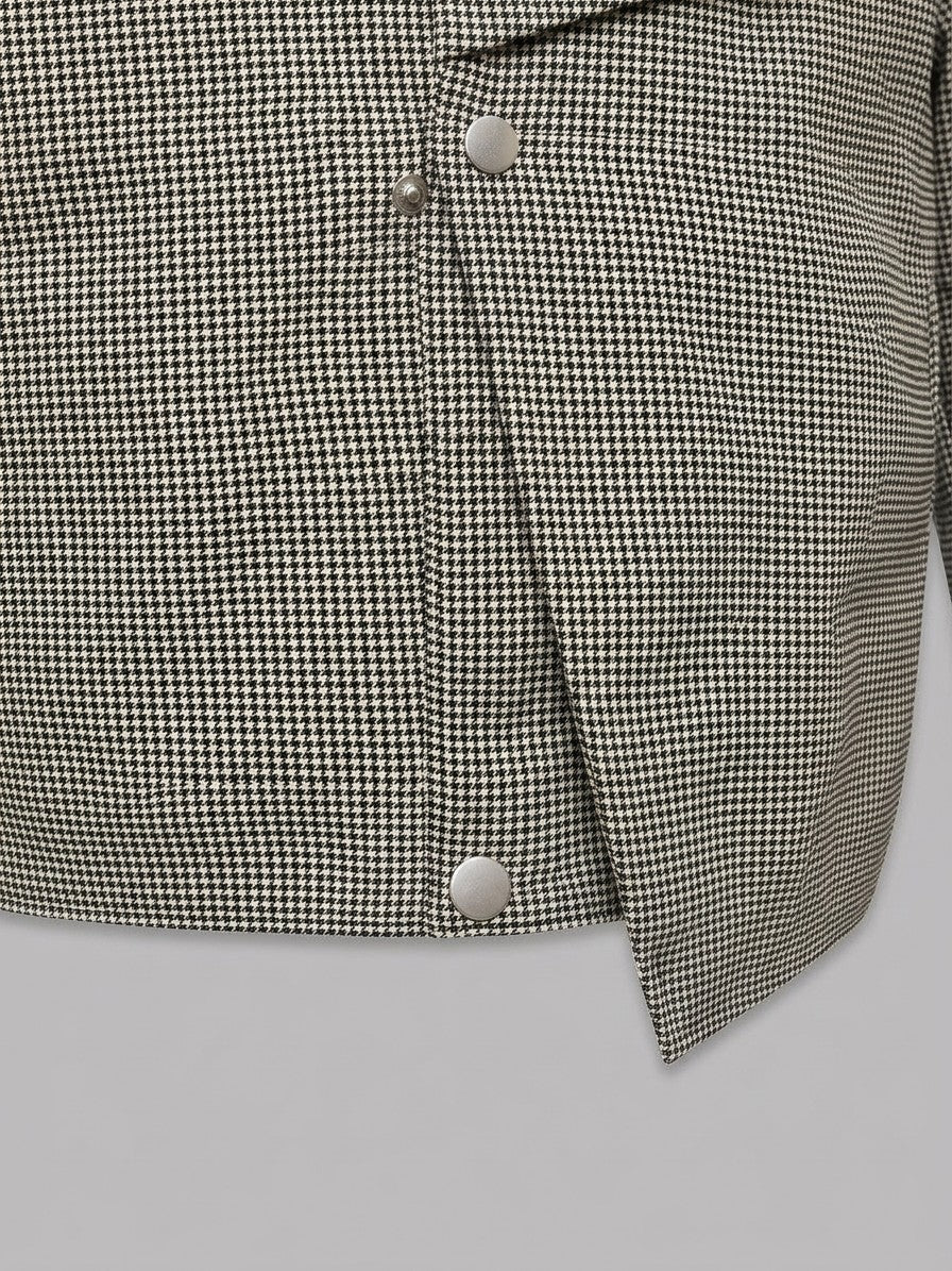 Tortorici Men's Asymmetric Houndstooth Cropped Jacket — blackivory — detail-collar