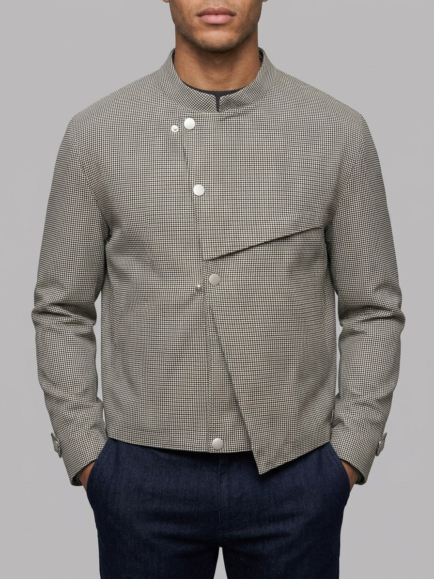 Tortorici Men's Asymmetric Houndstooth Cropped Jacket — blackivory — front