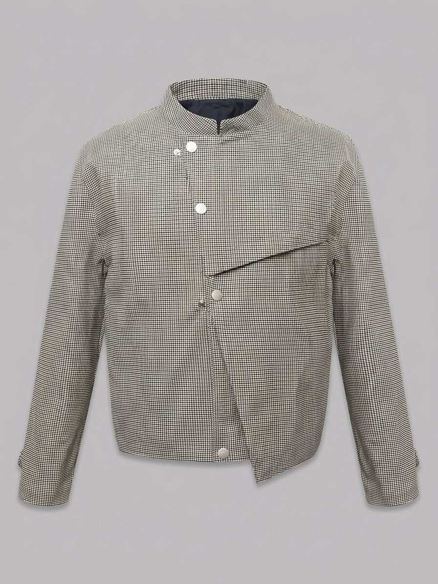 Tortorici Men's Asymmetric Houndstooth Cropped Jacket — blackivory — packshot