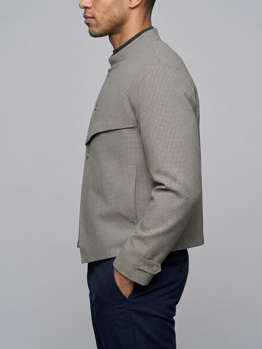 Tortorici Men's Asymmetric Houndstooth Cropped Jacket — blackivory — side