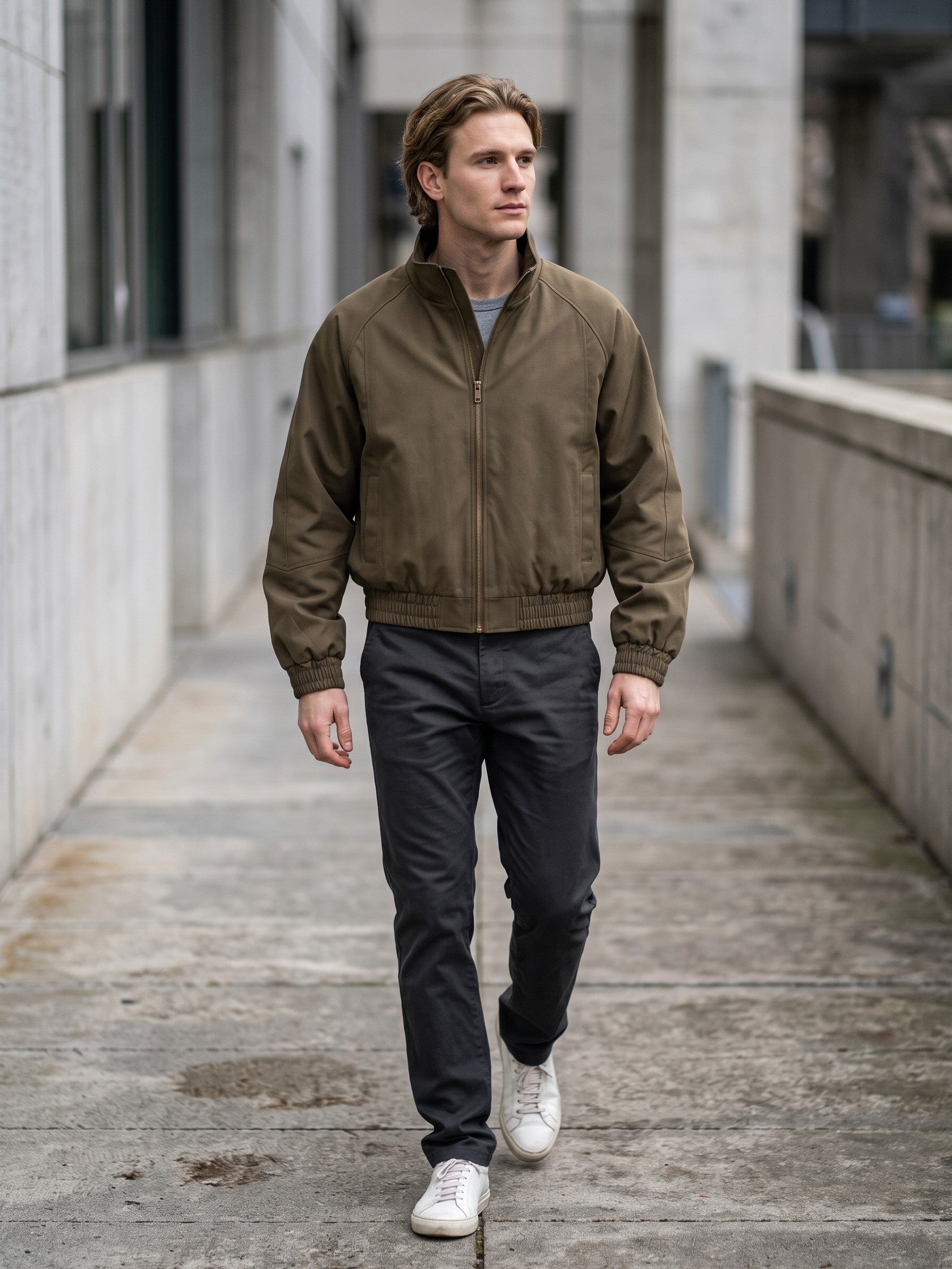 Tradate Men's Cropped High-Collar Bomber Jacket — olivebrown — lifestyle