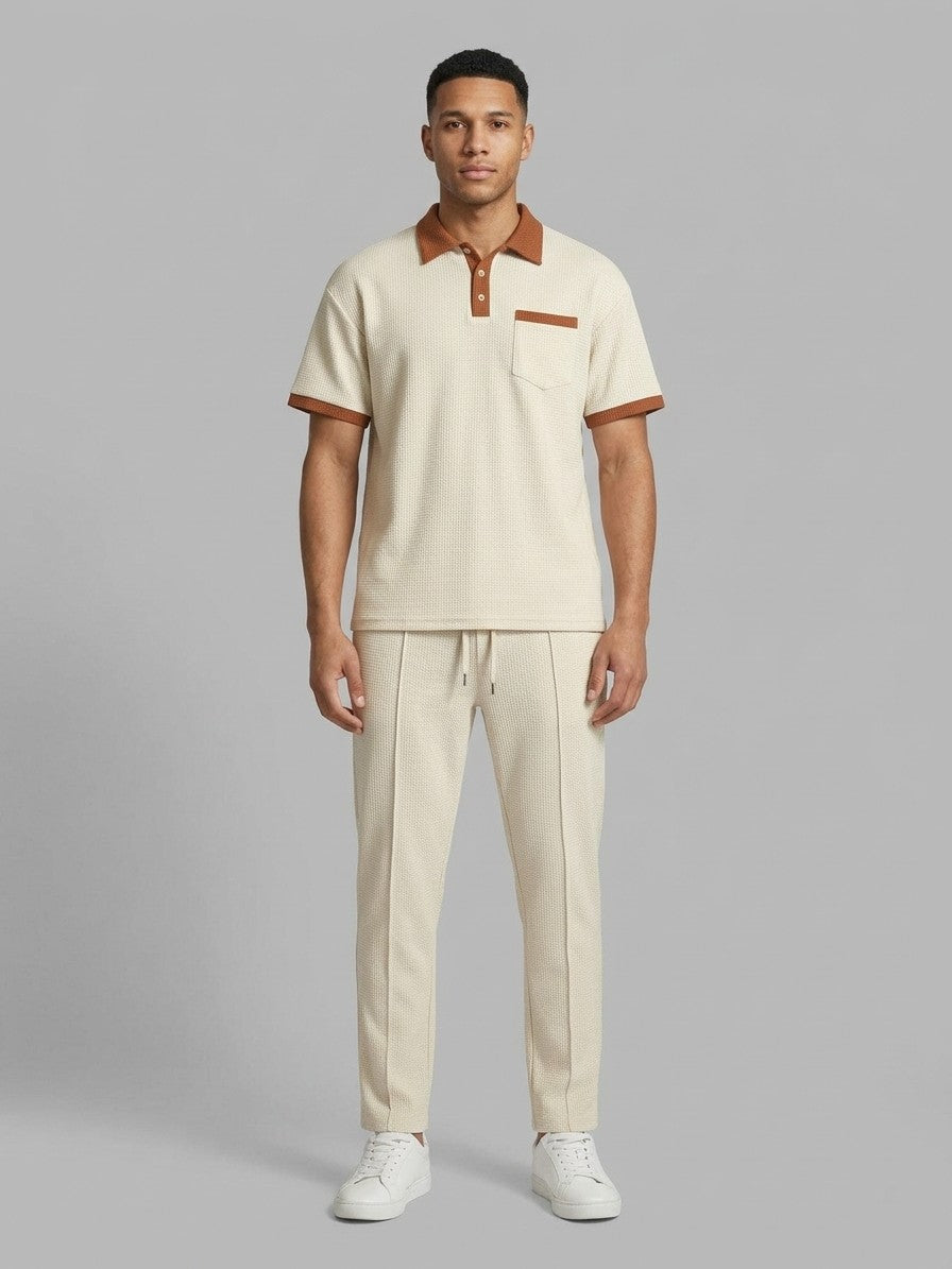Trapani Men's Waffle-Knit Polo and Trousers Set — beige — fullfront